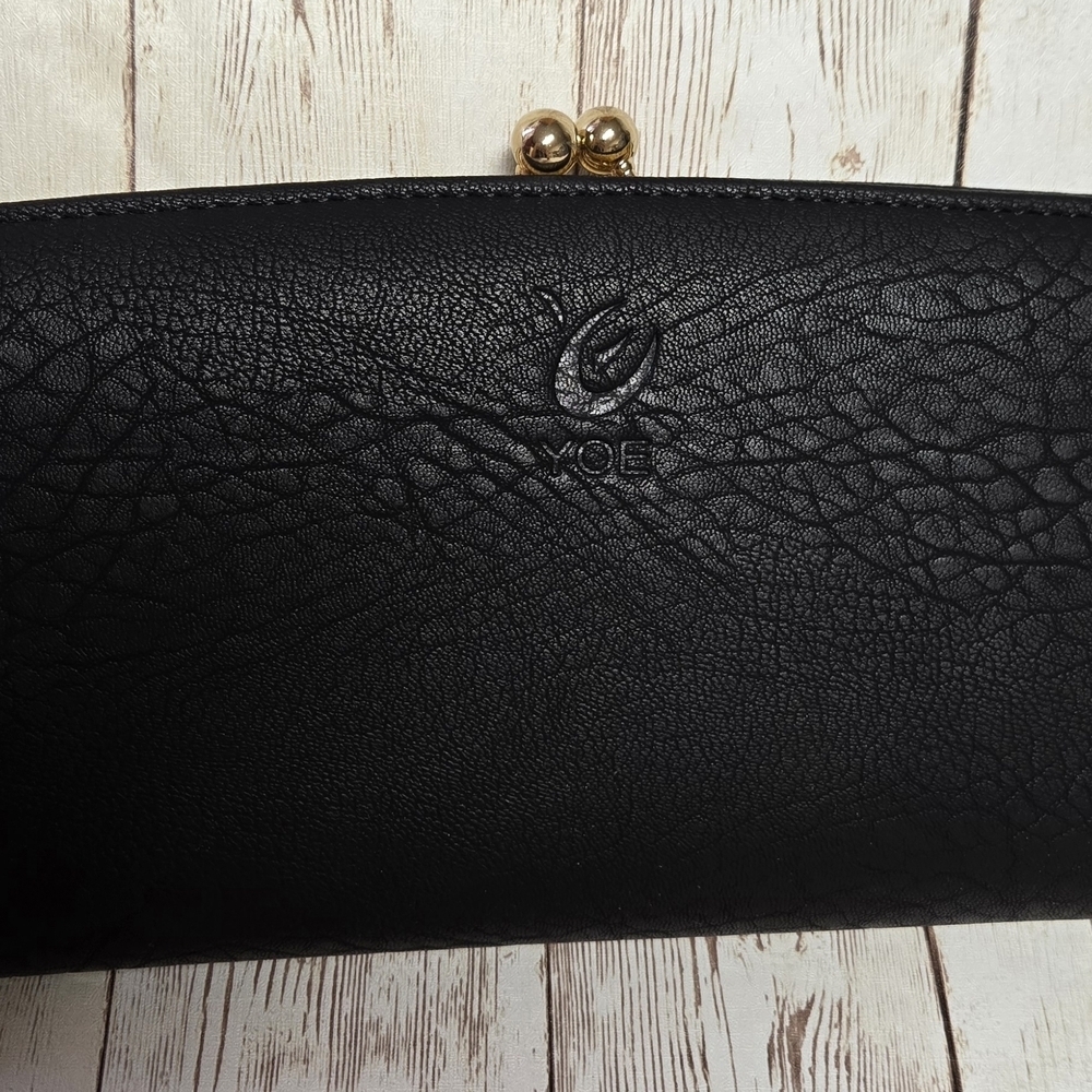 YOE Yo Black Faux Leather Kiss Lock Clutch Wallet Gold Frame